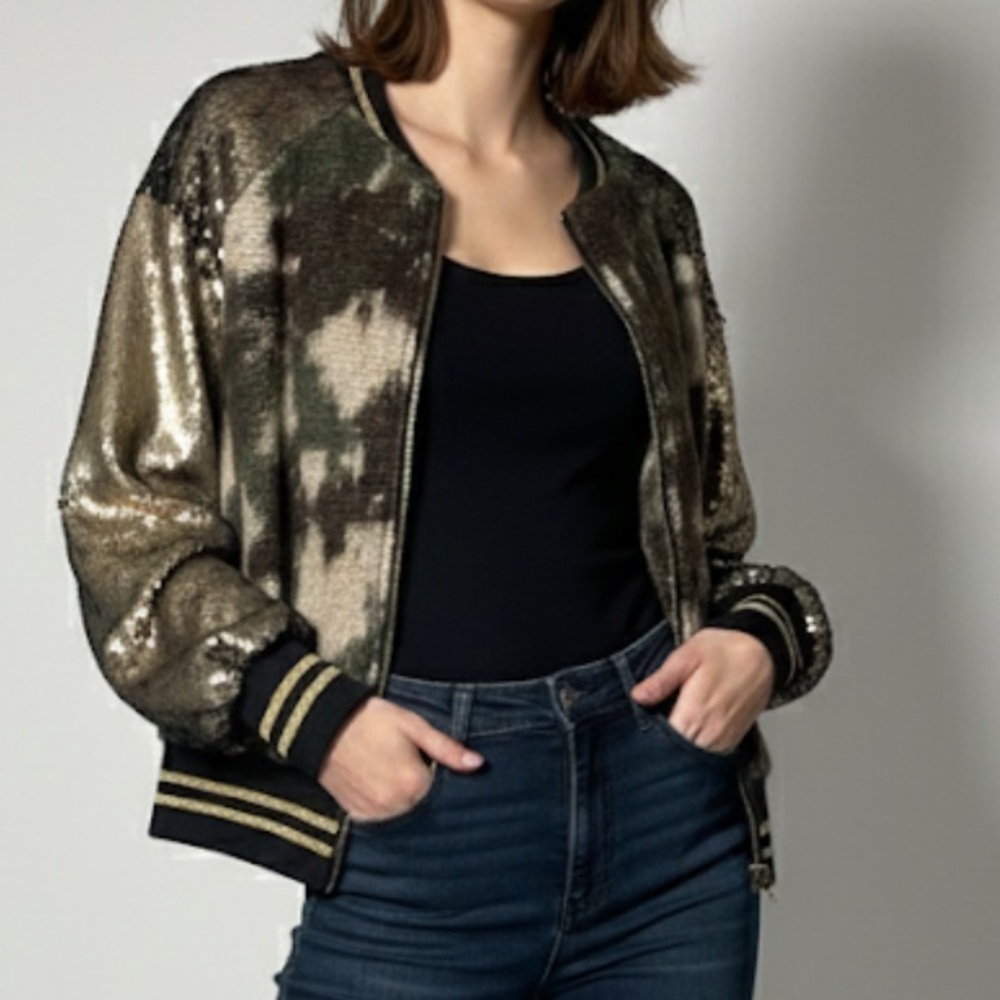 61. TYLI Mixed Media Bomber | Sequin Sleeves | Abstract Camo Knit | Size M